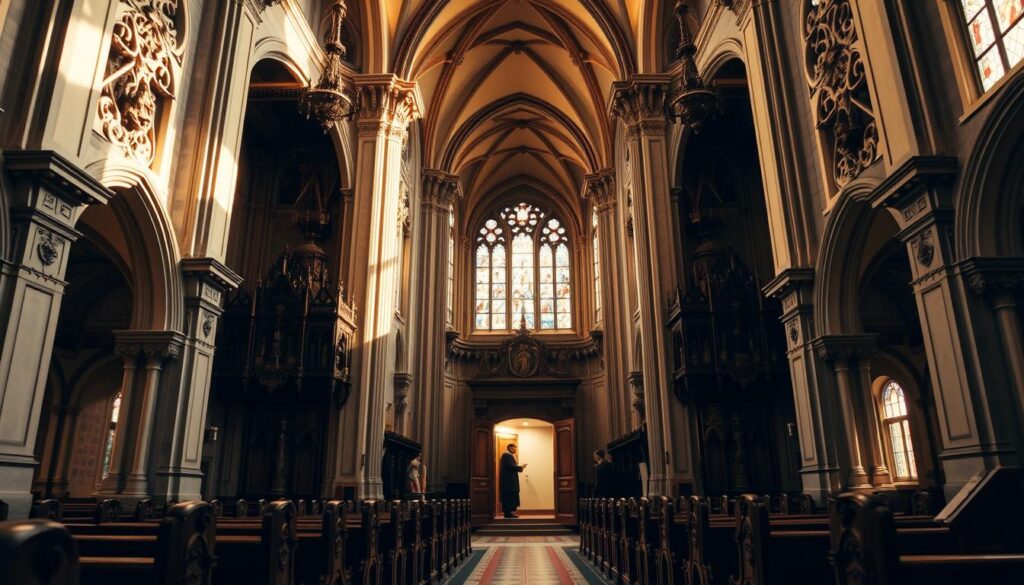 A grand, ornate Catholic church with a tall spire and intricate architectural details. The entrance is bathed in warm, golden light, inviting worshipers inside. The interior features high ceilings, stained glass windows, and ornate wooden pews. A confessional booth stands in a quiet corner, its light casting a soft, contemplative glow. The atmosphere is serene and peaceful, encouraging introspection and the ritual of reconciliation. The scene is captured through a wide-angle lens, allowing the viewer to fully immerse themselves in the grandeur and solemnity of the sacred space.