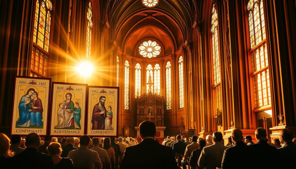 A grand, ornate cathedral interior bathed in warm, golden light. In the foreground, a set of seven sacramental icons arranged in a symmetrical composition - baptism, confirmation, eucharist, penance, anointing of the sick, holy orders, and matrimony. The icons are rendered in a traditional Catholic style, with intricate details and rich, symbolic imagery. In the middle ground, shadowy figures of worshippers kneel in prayer, their faces turned upwards towards the heavenly light. The background features towering Gothic arches, stained glass windows, and the ornate altar, conveying a sense of reverence and divine presence. The overall atmosphere is one of solemnity, spirituality, and the timeless traditions of the Catholic faith.