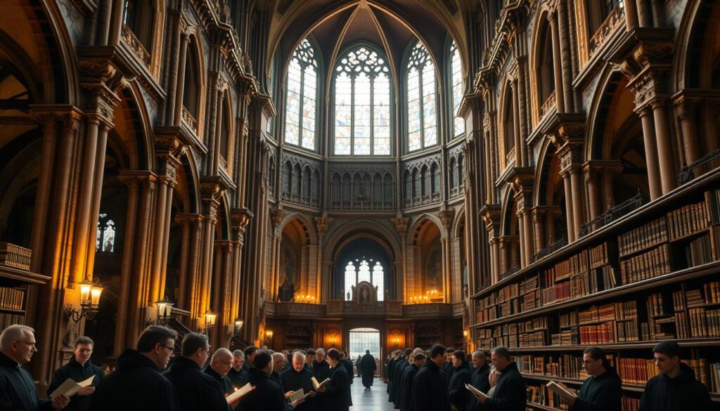 A grand, ornate cathedral interior with high vaulted ceilings, stained glass windows, and intricate stone columns. In the foreground, a group of Jesuit scholars engrossed in lively discussion, their faces illuminated by the warm glow of candlelight. In the middle ground, students in traditional Jesuit robes move between shelves of ancient tomes and scientific instruments, a testament to the order's commitment to education and inquiry. The background is filled with a sense of reverence and contemplation, with the soft light filtering through the windows casting a serene atmosphere over the entire scene.