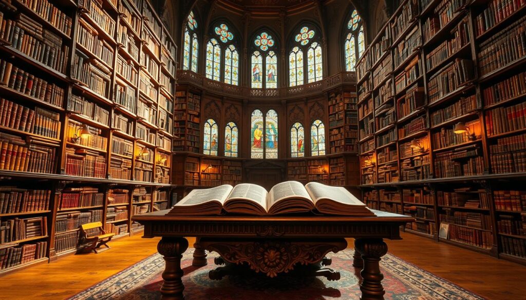 A grand, ornate library with towering shelves filled with ancient, leather-bound books. Soft, warm lighting casts a golden glow, illuminating the intricate, carved wood details. In the center, a large, ornate table displays several open deuterocanonical books, their pages weathered and illuminated. Stained glass windows filter sunlight, casting a kaleidoscope of colors onto the scene. An atmosphere of reverence and scholarly contemplation pervades the space. The camera angle is slightly elevated, providing a sweeping view of this hallowed, timeless sanctuary of knowledge.