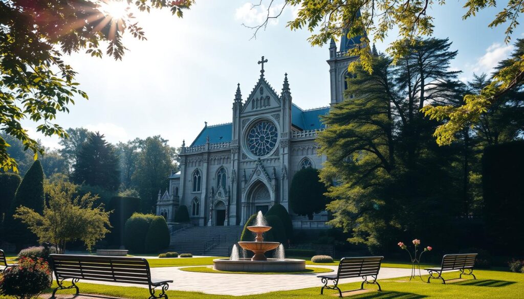A grand, stately Catholic church nestled within a lush, verdant landscape. The majestic structure rises majestically, its ornate facade adorned with intricate carvings and towering spires reaching towards the heavens. Sunlight filters through stained glass windows, casting a warm, ethereal glow upon the tranquil scene. In the foreground, a peaceful courtyard invites visitors to linger, with benches and fountains creating a serene oasis of contemplation. The overall atmosphere exudes a sense of reverence, inviting the faithful to connect with the divine and experience the spiritual essence of this sacred place.