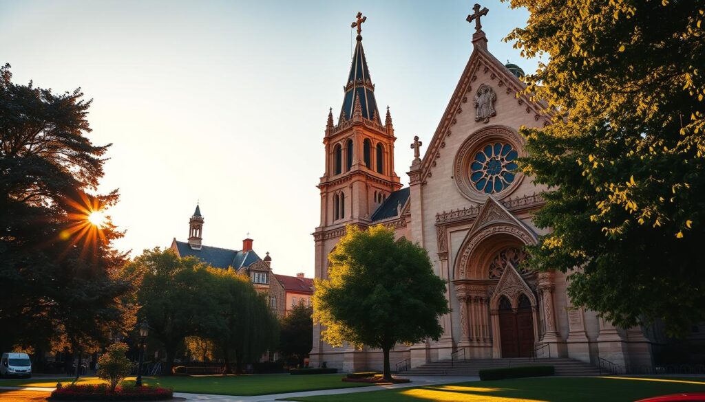 A grand, stately Catholic church with a towering steeple and ornate facade stands majestically in the foreground, bathed in warm, golden-hour sunlight. The church's intricate architecture, featuring ornate carvings, arched windows, and a prominent cross atop the steeple, commands attention. In the middle ground, lush, verdant trees and a well-manicured lawn surround the church, creating a serene and inviting atmosphere. The background is dotted with other historic buildings, suggesting a picturesque, quaint town setting. The overall scene conveys a sense of timeless spiritual contemplation and reverence, inviting the viewer to worship at this stunning, hallowed place.