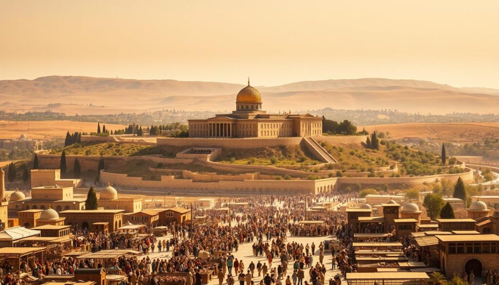 A grand, sweeping landscape of ancient Judea, bathed in warm, golden light. In the foreground, a busy marketplace bustles with activity - merchants haggling, craftsmen at work, and a crowd of people going about their daily lives. In the middle ground, the iconic silhouette of the Temple of Jerusalem rises majestically, its ornate architecture a testament to the cultural and religious significance of the time. In the distance, rolling hills and olive groves stretch out, framing the scene with a sense of timeless tranquility. The overall atmosphere evokes a palpable sense of historical context, setting the stage for the life and ministry of Jesus Christ.