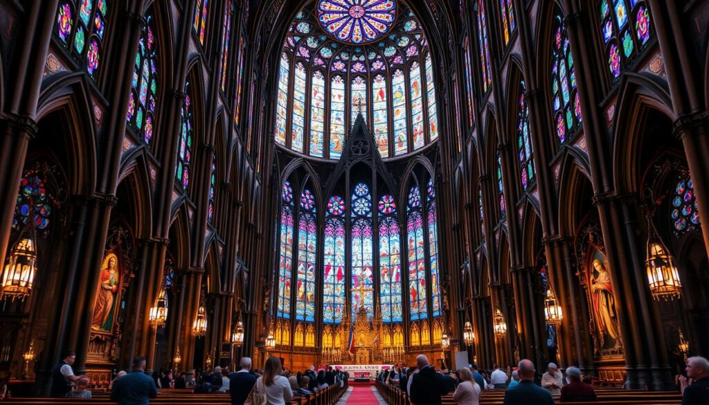 A grandiose cathedral stands majestically, its intricate Gothic architecture a testament to the cultural influences that have shaped Catholicism. Vibrant stained glass windows cast a kaleidoscopic glow, illuminating the interior with a reverent ambiance. In the foreground, ornate religious iconography and symbols adorn the walls, each representing the diverse cultural traditions that have been woven into the fabric of the faith. The middle ground features worshippers engaged in solemn rituals, their faces etched with a sense of devotion and contemplation. The background reveals a bustling city skyline, a reminder of the global reach and enduring legacy of Catholicism, shaped by the cultural tapestry of its history.