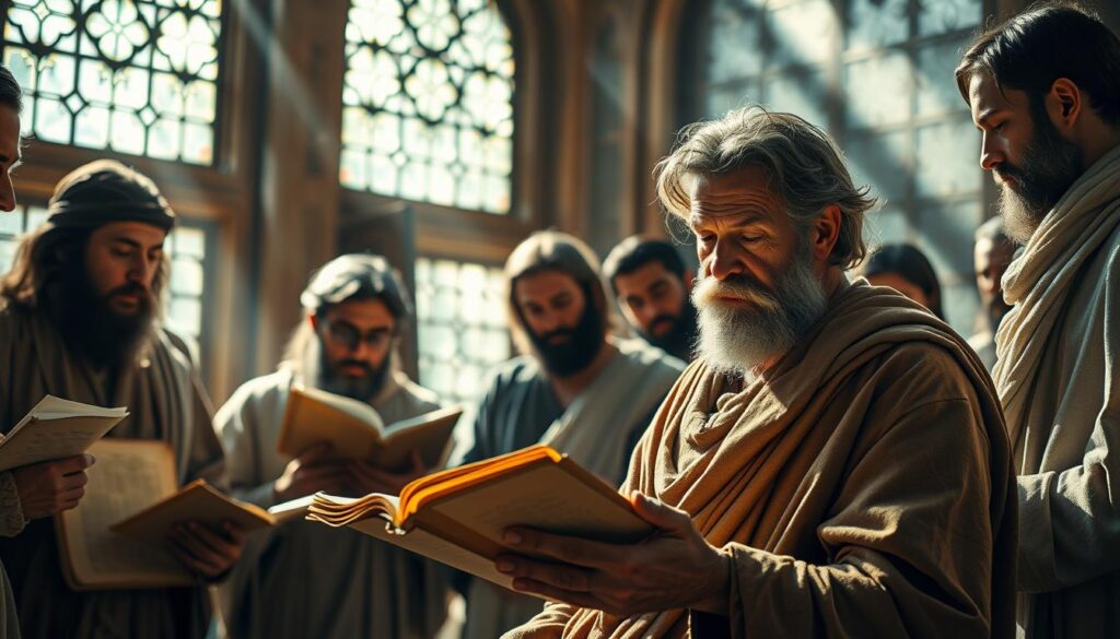 A group of apostles and disciples gathered in a sun-dappled room, deep in contemplation of ancient scrolls and parchments. Soft, natural lighting filters through leaded glass windows, casting a warm, reverent glow. In the foreground, a weathered, pensive man in flowing robes examines a text, his face etched with years of scholarly devotion. Surrounding him, his companions - each lost in their own study, their expressions reflecting a profound reverence for the sacred sources before them. The scene evokes a timeless, meditative atmosphere, hinting at the profound insights into the life and teachings of Jesus that these disciples are uncovering from the gospel accounts.