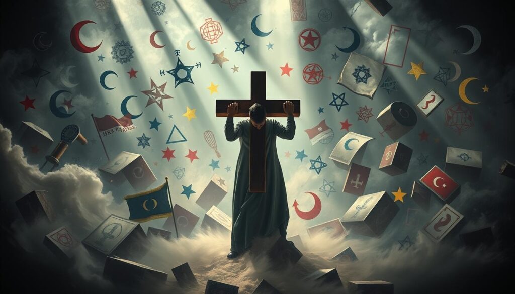 A heated debate on religious symbols, with a central figure holding a large cross standing amidst a swirling tempest of clashing symbols - crescent moons, stars, geometric patterns, and other iconography. The lighting is dramatic, with beams of light piercing through the turbulent atmosphere, casting intense shadows and highlights. The scene conveys a sense of passionate discourse, where deeply held beliefs and cultural traditions collide, creating an atmosphere of tension and intellectual fervor. The composition is balanced, with the central figure serving as a focal point, drawing the viewer's eye amidst the chaos of the surrounding symbols.