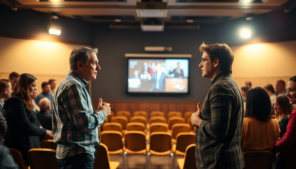 A heated debate unfolds, illuminated by warm, focused lighting. In the foreground, two individuals stand facing each other, their expressions intense as they engage in a lively discussion. The middle ground features a semicircular arrangement of chairs, suggesting a formal setting for the debate. In the background, a wall-mounted display projects visuals that complement the discourse, creating an atmosphere of intellectual rigor. The scene conveys a sense of critical analysis, with the audience's rapt attention adding to the gravity of the moment.