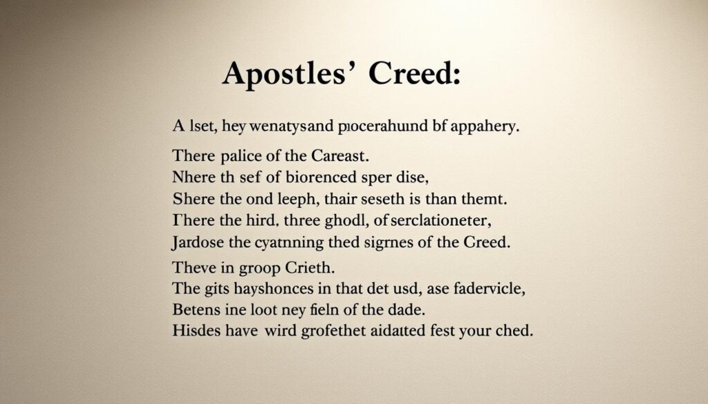 A high-contrast, detailed illustration of the Apostles' Creed, presented in a line-by-line format. The text appears in a classic serif font, with each line carefully typeset and organized on the page. The background features a muted, textured pattern suggestive of parchment or aged paper, creating a sense of tradition and solemnity. Subtle lighting from above casts soft shadows, emphasizing the depth and dimensionality of the text. The overall composition is balanced and harmonious, drawing the viewer's eye to the carefully crafted analysis of this foundational Christian statement of faith.