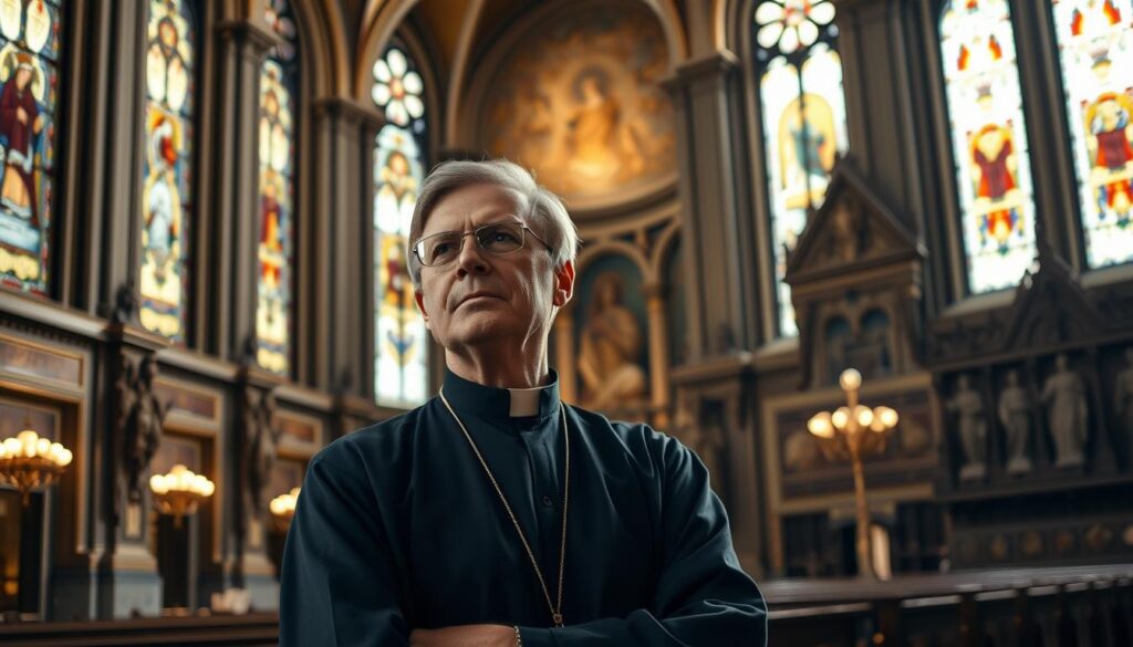 A high-quality documentary series showcasing the rich tapestry of Catholicism, with renowned theologian Robert Barron as the engaging host. The scene depicts Barron in a contemplative pose, dressed in clerical attire, against a backdrop of grand cathedrals, stained glass windows, and ornate religious iconography. Soft, warm lighting illuminates the setting, conveying a sense of reverence and spirituality. The composition is balanced, with Barron positioned centrally, inviting the viewer to join him on a journey of discovery into the faith's captivating traditions and enduring legacy.