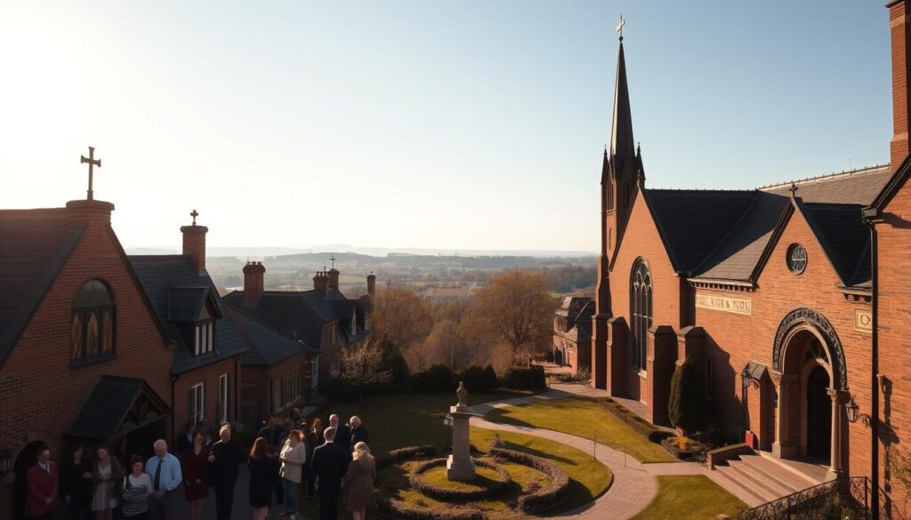 A historic parish community nestled in a tranquil setting, surrounded by a quaint row of stately brick buildings and towering spires that pierce the sky. In the foreground, parishioners gather outside the ornate church entrance, their faces aglow with a sense of reverence and belonging. The warm, golden light of the sun filters through stained glass windows, casting a soft, ethereal glow over the scene. The middle ground is adorned with well-manicured gardens and a winding path leading to a peaceful courtyard, where a modest statue stands as a testament to the community's enduring faith. In the distance, the background is framed by a horizon of rolling hills and a cloudless, azure sky, conveying a timeless, serene atmosphere.