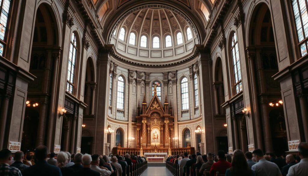 A large, grand Catholic cathedral with a distinct Renaissance architectural style, featuring a dome-shaped roof, intricate carvings, and stained glass windows. The interior is bathed in warm, soft lighting, casting a serene and contemplative atmosphere. Worshippers are seated in the pews, their heads bowed in prayer, as the altar stands majestically at the front, adorned with ornate religious iconography. The scene evokes a sense of timeless tradition and the solemnity of the Second Vatican Council's impact on the contemporary Catholic Church.