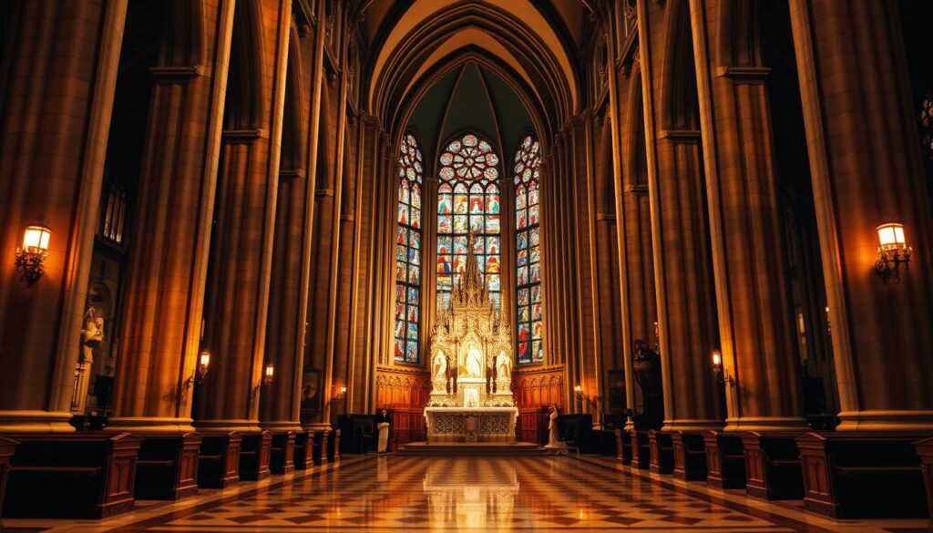 A large, ornate Catholic church interior bathed in warm, reverent lighting. In the foreground, an ornate altar and tabernacle, flanked by statues of the Virgin Mary and Jesus Christ. Intricate stained glass windows line the middle ground, casting colorful patterns across the polished marble floors. In the background, towering stone columns and arched ceilings evoke a sense of grandeur and timelessness. The overall atmosphere is one of contemplation, solemnity, and the transcendent presence of the divine.