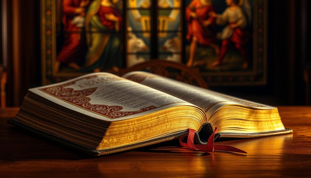 A large, ornately bound Catholic Bible resting on a wooden table, illuminated by soft, warm lighting that casts a reverent glow. The cover is adorned with intricate gold and crimson patterns, exuding a sense of timeless tradition. The pages are slightly worn, hinting at generations of faithful study. In the background, a tapestry or stained-glass window depicts religious imagery, creating a contemplative, sacred atmosphere. The composition emphasizes the significance and weight of the scriptures, inviting the viewer to engage with the rich, canonical tradition of the Catholic faith.