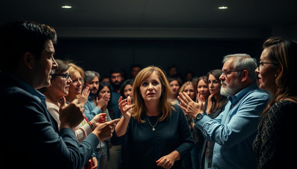 A lively debate unfolds, with individuals passionately arguing both sides of the contraception issue. In the foreground, a panel of diverse figures gesticulates emphatically, their expressions ranging from earnest concern to fiery conviction. The middle ground reveals a crowd of onlookers, their faces etched with a mix of thoughtfulness and unease. In the background, a dimly lit setting evokes the gravity of the topic, with shadows and muted tones creating an atmosphere of contemplation. Soft, directional lighting illuminates the faces, adding depth and drama to the scene. The composition captures the complexity and emotional intensity of the contemporary debates surrounding family planning and the impact on modern society.