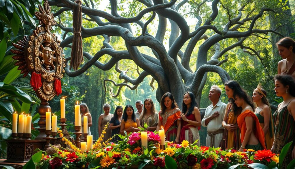A lush, verdant landscape with a blend of indigenous and Catholic symbols. In the foreground, a vibrant altar adorned with candles, flowers, and intricate carvings. In the middle ground, a group of people from diverse backgrounds engaged in a syncretic ritual, their expressions serene and contemplative. The background features a towering, ancient tree with twisted branches, its leaves casting dappled light over the scene. The atmosphere is one of reverence and unity, where the sacred and the secular coexist in a harmonious, otherworldly glow.
