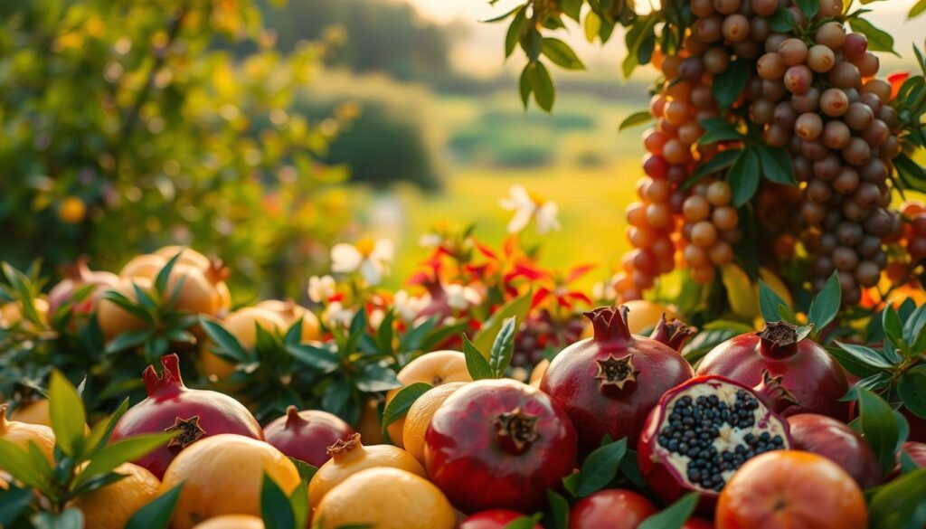 A lush, vibrant garden filled with an abundance of spiritual fruits - ripe pomegranates, golden citrus, and bursting clusters of grapes. Diffused, warm lighting bathes the scene, casting a serene, contemplative atmosphere. In the foreground, the fruits are arranged elegantly, their rich colors and textures symbolic of the nourishment and growth that comes from tending to one's spiritual life. The middle ground features a verdant backdrop of flourishing foliage, hinting at the verdant, thriving nature of a life in harmony with the Holy Spirit. In the distance, a peaceful, ethereal landscape sets the stage, conveying a sense of transcendence and the boundless possibilities of spiritual fulfillment.