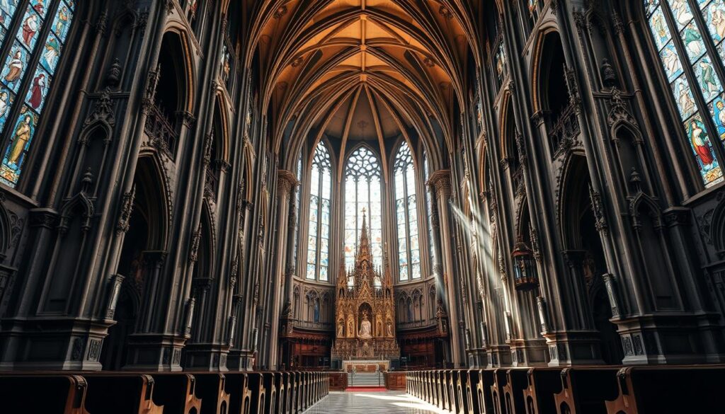 A magnificent cathedral standing tall, its Gothic architecture reaching skyward in a symphony of spires and arches. The facade is adorned with intricate carvings and sculptures, depicting scenes from the life of the Blessed Virgin Mary. Sunlight streams through the stained glass windows, casting a warm, ethereal glow over the grand interior. Rows of pews beckon the faithful, while the ornate altar stands as the centerpiece, a testament to the devotion and reverence for the Mother of God. The towering ceiling soars overhead, its vaulted arches creating a sense of awe and spiritual connection. This is the Cathedral of Saint Mary, a revered place of worship and a shining example of the devotion to the Assumption of the Blessed Virgin in the United States.