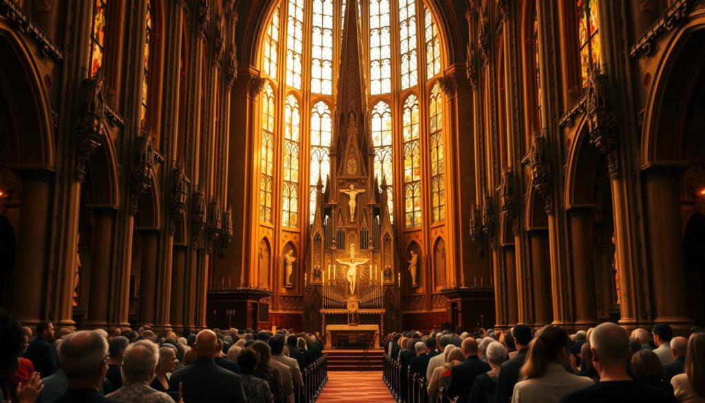 A majestic Catholic church, its towering spire reaching skyward, bathed in warm, golden light filtering through stained glass windows. In the foreground, a congregation of worshippers, their faces filled with reverence, hands clasped in prayer, the sacred space echoing with the swell of an organ and the harmonious voices of the choir. The middle ground captures the altar, adorned with ornate crucifixes and candles, the tabernacle glowing with the presence of the divine. The background reveals the intricate architectural details, the ornate columns, and the intricate carvings that inspire awe and devotion. An atmosphere of profound spirituality and unwavering faith permeates the scene, capturing the essence of worship, sacraments, and the vibrant community at Ascension Catholic Church.