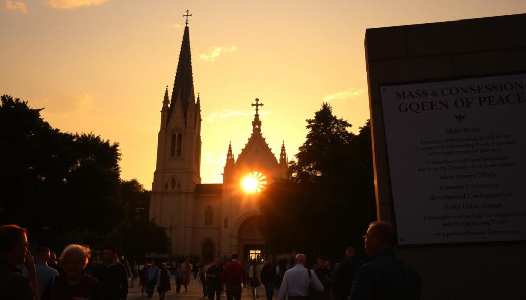 A majestic Catholic church set against a warm, golden sunset sky. The towering spires and ornate architecture create an awe-inspiring presence. In the foreground, a tranquil scene of parishioners entering the church for Mass, their faces reflecting the peaceful devotion. To the side, a discreet sign displays the mass and confession schedule, inviting the faithful to partake in the sacraments. The overall atmosphere is one of reverence, community, and the comforting embrace of the Queen of Peace.