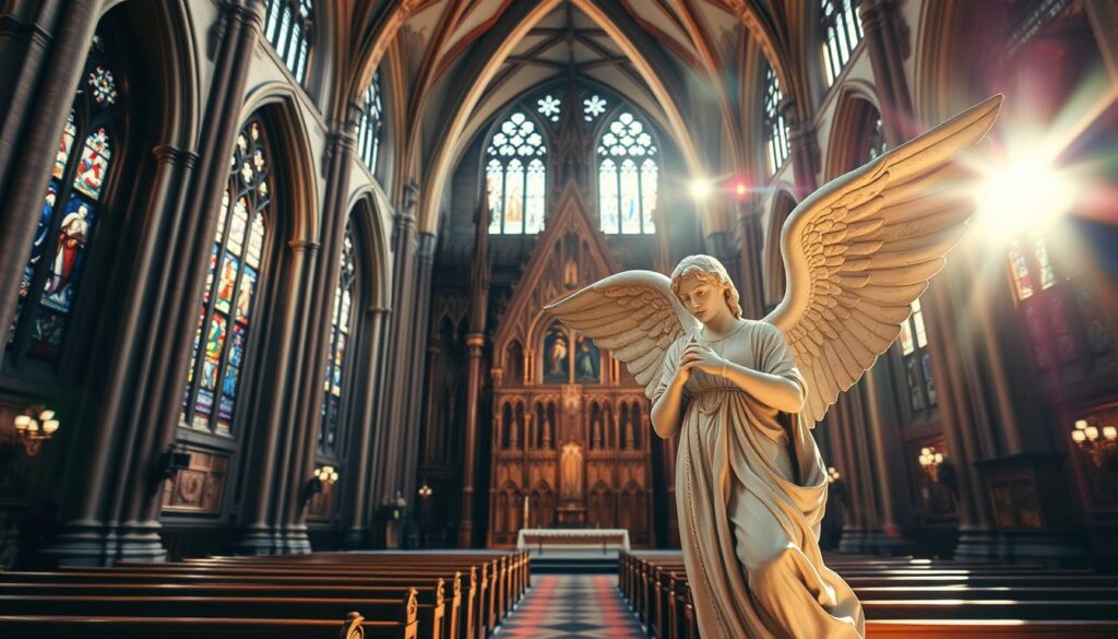 A majestic Catholic church with a towering spire, its façade adorned with intricate Gothic architecture. The sunlight streams through stained-glass windows, casting a warm, ethereal glow upon the ornate interior. Wooden pews and a grand altar set the stage for a sacred ambiance, inviting worshippers to bask in the rich history and spiritual essence of this hallowed place. In the foreground, a statue of the Archangel Gabriel stands as a guardian, his wings outstretched and his expression serene, embodying the unwavering faith and devotion that have defined this church for generations.