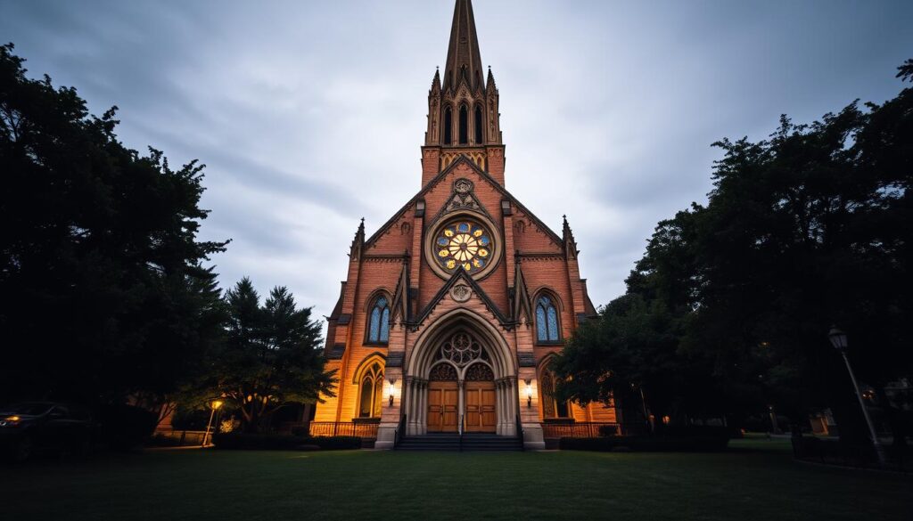 A majestic Catholic church with a towering spire, its facade adorned with intricate carvings and stained glass windows that cast a warm, ambient glow. The building stands tall and proud, its architecture a blend of Gothic and Romanesque styles, evoking a sense of timeless spiritual grandeur. In the foreground, a neatly manicured lawn leads to a set of ornate wooden doors, inviting worshippers to enter and experience the sacred space within. The surrounding trees and landscaping create a serene, tranquil atmosphere, suggesting a place of solace and contemplation. Soft, directional lighting illuminates the scene, highlighting the church's architectural details and creating a sense of reverence and awe.