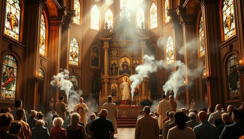 A majestic Eastern Orthodox liturgy unfolds in a grand cathedral, the space bathed in warm, golden light filtering through stained glass windows. The ornate iconostasis stands tall, adorned with intricate Byzantine-style icons. Priests in flowing vestments move with reverence, their voices raised in solemn chant. Worshippers kneel in prayer, their faces cast in a contemplative glow. Billowing clouds of incense drift through the air, adding to the mystical ambiance. The composition captures the timeless spiritual essence of the Eastern Orthodox tradition, immersing the viewer in a transcendent moment of sacred ceremony.