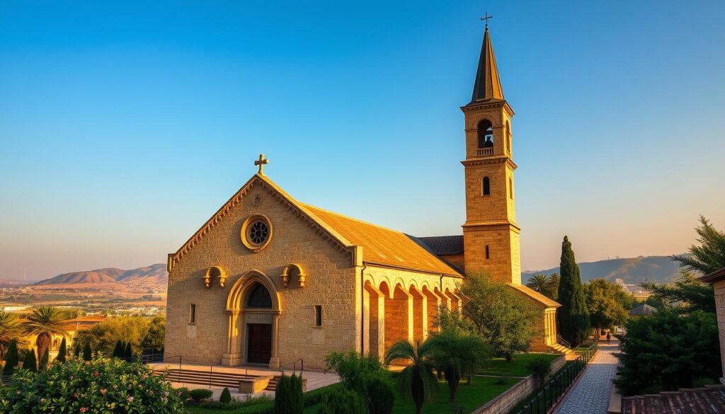 A majestic Maronite church stands tall, its intricate stone facade bathed in warm, golden light. In the foreground, the church's ornate arched entryway beckons visitors, while its steeply pitched roof and bell tower reach skyward. In the middle ground, lush greenery and cobblestone paths surround the church, hinting at the historic setting. The background is filled with rolling hills and a hazy, blue sky, evoking a sense of timelessness and resilience. The scene conveys the Maronite Church's enduring presence, weathering trials and forging alliances over centuries to preserve its ancient tradition.