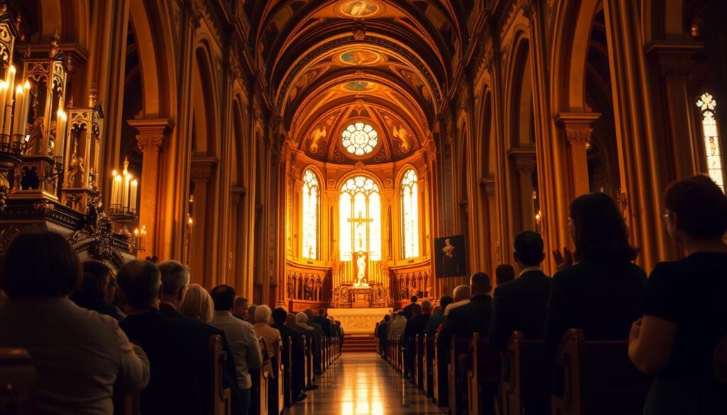 A majestic cathedral interior bathed in warm, golden light. In the foreground, an ornate altar adorned with religious symbols - a gleaming cross, flickering candles, and delicate stained glass. In the middle ground, worshippers kneel in reverent prayer, hands clasped. The background reveals soaring arched ceilings, intricate murals, and rows of wooden pews. The atmosphere is one of sacred solemnity, inviting contemplation of the Catholic faith's timeless rituals and traditions.
