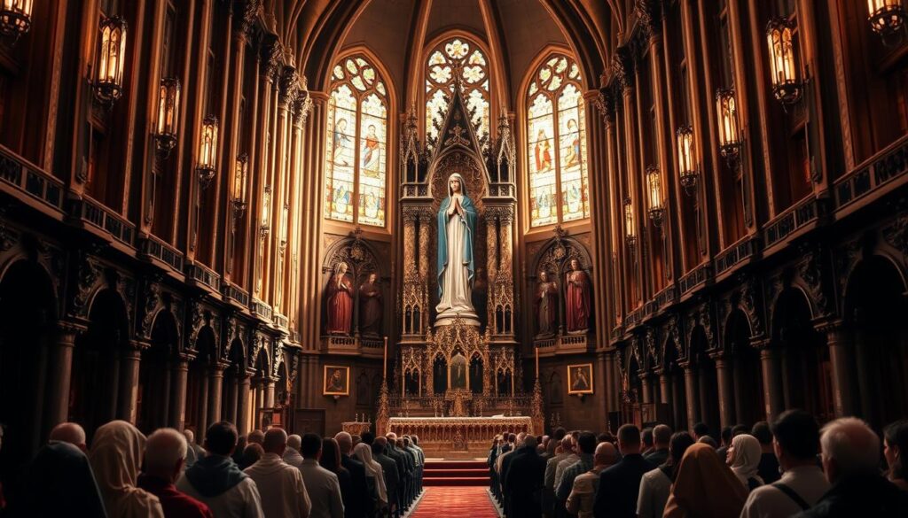 A majestic cathedral interior, illuminated by the warm glow of stained glass windows. In the center, a grand altar adorned with intricate carvings and a stunning statue of the Virgin Mary, surrounded by a reverent gathering of saints in elaborate robes. Soft, directional lighting casts dramatic shadows, creating a solemn and contemplative atmosphere. The faithful kneel in prayer, their faces uplifted with a sense of devotion and wonder. The scene captures the essence of Catholic veneration, inviting the viewer to experience the profound spirituality and rich traditions of the faith.