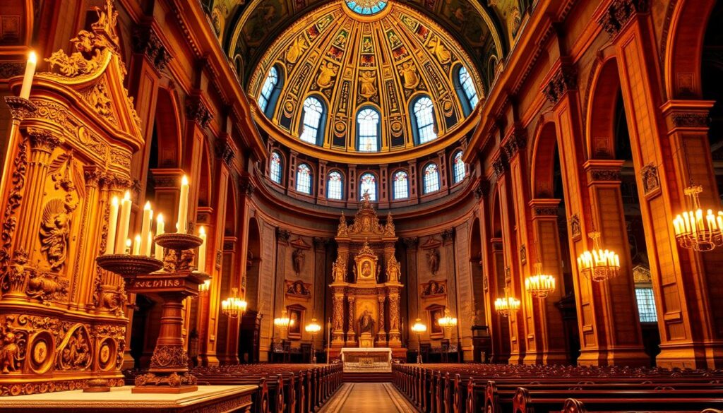 A majestic cathedral interior, illuminated by warm, ambient lighting. In the foreground, a grand altar adorned with intricate carvings and ornate candlesticks. Behind it, a towering, ornately decorated pulpit, symbolizing the authority of the Church. In the middle ground, rows of ornate wooden pews, where the faithful congregate. In the background, a soaring dome overhead, its intricate frescoes and stained-glass windows casting a reverent glow throughout the space. The overall atmosphere conveys a sense of awe, reverence, and the profound influence of the Catholic Church's leadership and tradition.