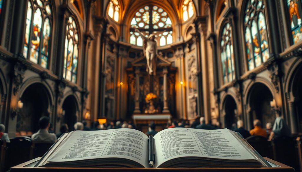 A majestic cathedral interior, with ornate stained glass windows casting warm, filtered light. In the foreground, an open bible rests upon a lectern, its pages shimmering with intricate illuminations. Behind it, a towering crucifix dominates the space, its carved figure radiating a sense of sacred reverence. In the middle ground, a group of worshippers kneel in prayer, their faces reflecting the contemplative atmosphere. In the background, the apse is adorned with intricate carvings and mosaics, evoking the richness of Catholic tradition. The scene conveys a harmonious blend of scripture and sacred heritage, inviting the viewer to reflect on the enduring foundations of the faith.