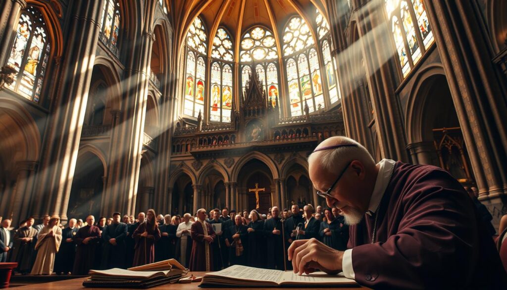 A majestic cathedral, its towering spires reaching towards the heavens, stands as a testament to the influence of the ecumenical councils. Light streams through ornate stained glass windows, casting a warm, reverent glow over the solemn gathering of robed figures debating doctrine and shaping the future of the Roman Catholic Church. In the foreground, a scribe meticulously records the proceedings, capturing the weight of each word and decision. The background is filled with a swirling haze of historical significance, the echoes of past councils and the gravity of their impact felt in every corner of the grand edifice.