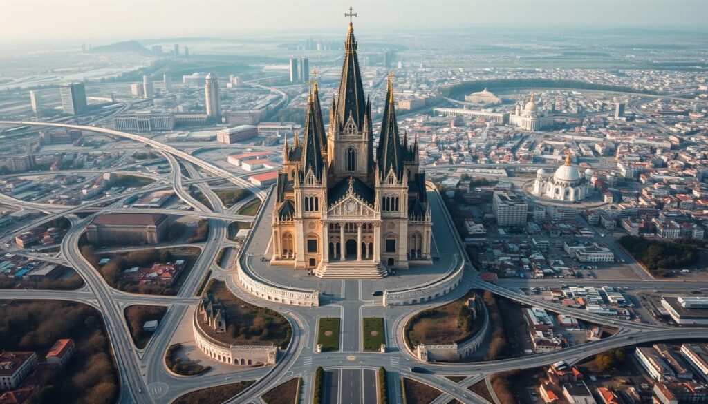A majestic cathedral stands tall, its spires piercing the sky like beacons of faith. Surrounding it, a sprawling network of roads, railways, and communication lines weave a tapestry of global connectivity, representing the Catholic Church's expansive infrastructure. Aerial viewpoints reveal the intricate web of churches, seminaries, and administrative hubs that span continents, conveying the scope of the religion's worldwide presence. Soft, diffused lighting bathes the scene in a reverent glow, capturing the grandeur and influence of the Catholic Church's global impact. The image exudes a sense of order, organization, and the unwavering determination to spread the faith across the world.