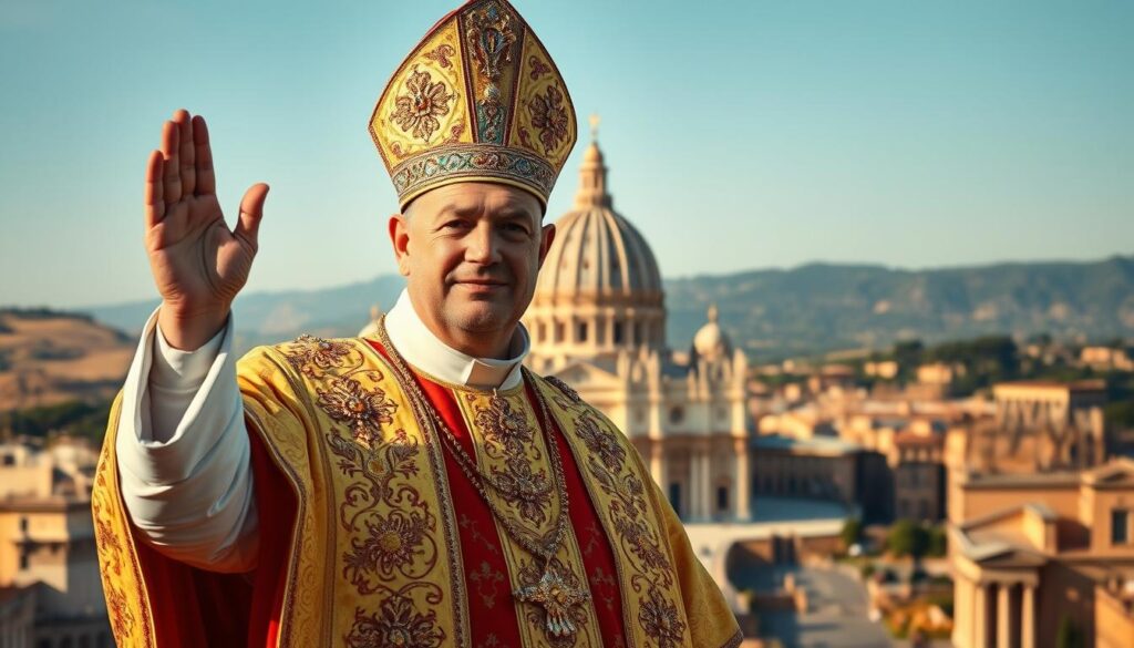 A majestic catholic bishop stands in the foreground, adorned in ornate ceremonial robes and a bejeweled mitre. He raises his hand in a gesture of blessing, his face exuding an air of authority and divine purpose. In the middle ground, a grand cathedral of Roman architecture rises, its towering spires and intricate facades bathed in warm, golden light. The background depicts the rolling hills and ancient ruins of the Eternal City, hinting at the deep history and enduring legacy of the Church's seat of power. The scene evokes a sense of reverence, tradition, and the unbroken chain of apostolic succession that has guided the Catholic faith for centuries.