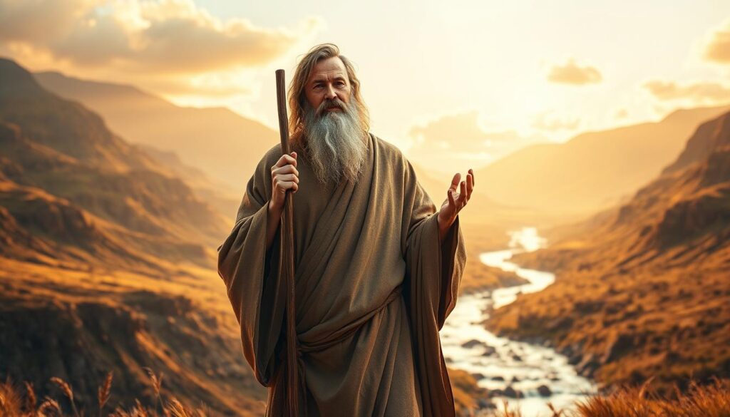 A majestic, full-body portrait of Saint John the Baptist, the patron saint who prepared the way for Jesus Christ. In the foreground, he stands tall and serene, his weathered face radiating a profound spiritual presence. He is dressed in a flowing, earthy-toned robe, holding a staff in one hand and gesturing with the other. The middle ground features a detailed landscape of rugged hills and a gently flowing river, evoking the wilderness where John preached. The background is bathed in warm, golden light, creating an atmosphere of reverence and transcendence. The scene is captured through a medium-wide angle lens, emphasizing John's commanding figure and the harmony between him and his natural surroundings.