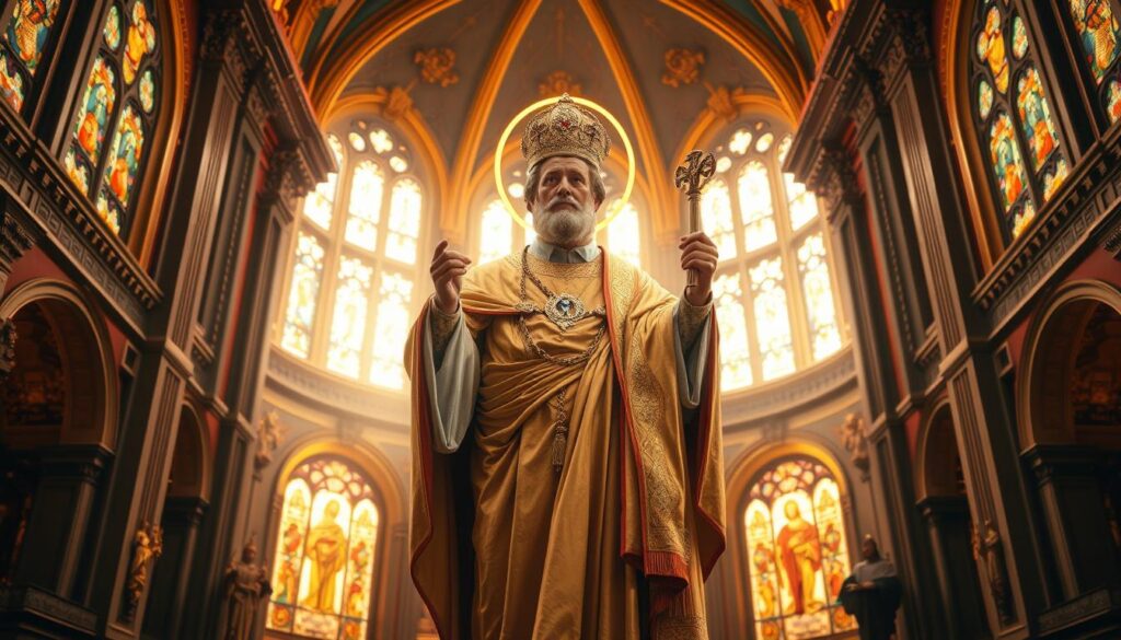 A majestic, ornate Catholic cathedral interior, bathed in warm, golden light filtering through stained glass windows. In the center, a grand, awe-inspiring figure of Saint Peter stands, resplendent in flowing robes and holding the symbolic keys to the Kingdom of Heaven. His expression is one of divine authority, commanding reverence. Surrounding him, a glowing halo accentuates his saintly status. In the background, subtle depictions of the papal tiara and other symbols of the Papacy convey the notion of apostolic succession and the unbroken lineage of spiritual leadership within the Catholic Church.