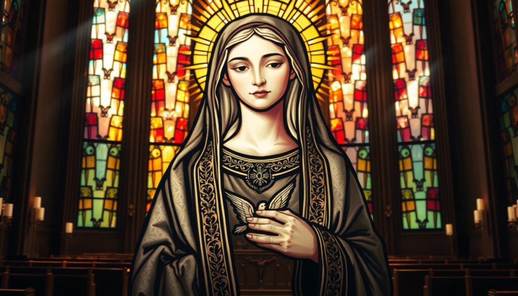 A majestic, stained-glass depiction of the Queen of Peace, her serene countenance radiant with divine grace. Soft, warm lighting filters through the multicolored panes, casting a heavenly glow upon her gentle features. In the foreground, her regal mantle drapes elegantly, adorned with intricate embroidery and the symbol of the dove, embodying the peace she embodies. The middle ground showcases a tranquil sanctuary, with ornate altars and pews that invite the faithful to worship. In the background, a celestial backdrop of cloud-like wisps and golden rays emanate a sense of reverence and transcendence. This image evokes a profound atmosphere of spiritual refuge and the promise of belonging within the ministries of the Queen of Peace Catholic Church.