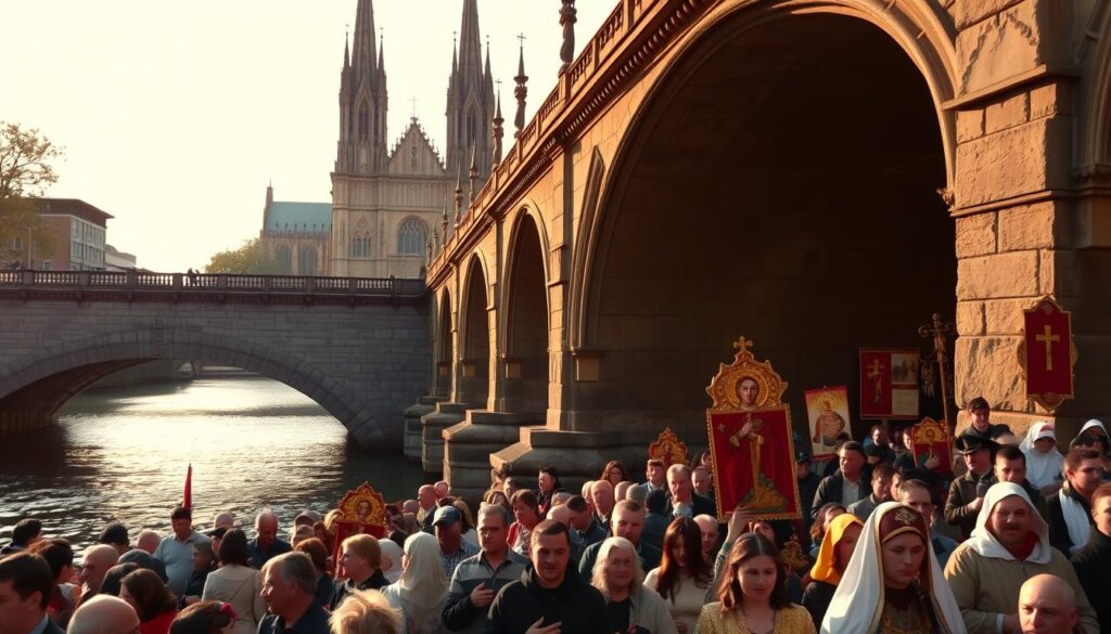 A majestic stone bridge spanning a tranquil river, its arches adorned with intricate Gothic carvings. In the background, a grand cathedral with soaring spires and ornate facades, its stained glass windows glowing in the warm afternoon light. In the foreground, people of all ages gather, their faces reflecting a deep sense of reverence and community, as they participate in a vibrant religious procession, carrying ornate religious icons and banners. The scene is bathed in a soft, golden glow, conveying a sense of timelessness and the enduring power of faith to unite a culture.