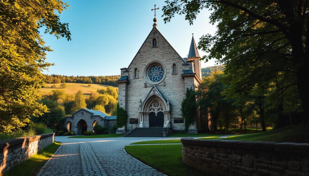 A majestic stone chapel nestled amidst lush greenery, the 15th-century Joan of Arc Chapel stands tall, its Gothic architecture a testament to its storied past. Warm sunlight filters through stained glass windows, casting a soft glow upon the intricate carvings and ornate details. In the foreground, a cobblestone path leads visitors towards the chapel's ornate entrance, inviting them to step back in time and experience the spiritual essence of this historic structure. The middle ground showcases the chapel's impressive facade, with its pointed spires and arched doorways. In the background, a verdant landscape of trees and rolling hills provides a serene and picturesque backdrop, creating a harmonious blend of natural and architectural beauty.