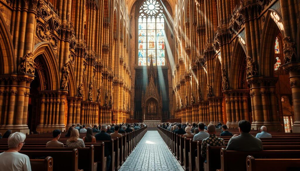 A medieval cathedral stands majestic, its soaring Gothic architecture bathed in warm, golden light. Intricate stone carvings adorn the façade, depicting biblical scenes and the triumphs of the church. Through the stained glass windows, shafts of multicolored light stream in, casting a reverent glow over the ornate interior. Rows of wooden pews line the central aisle, leading the eye towards the ornate altar and the towering stained glass apse. Worshippers kneel in contemplation, their robes and vestments adding to the timeless ambiance. Outside, a cobblestone courtyard is framed by tall, buttressed walls, hinting at the church's pivotal role within the surrounding community during the medieval and Renaissance eras.