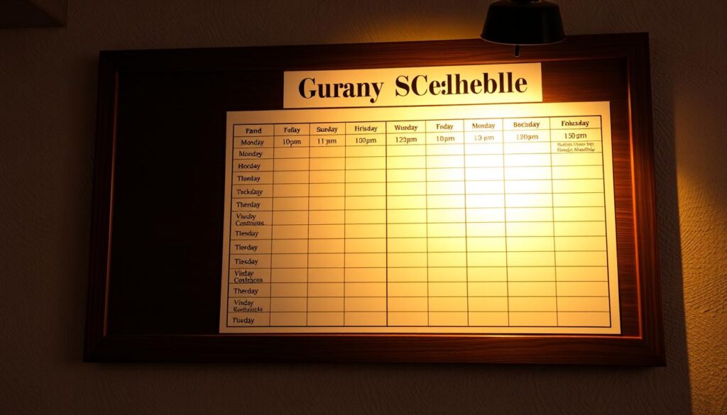 A meticulously designed parish office schedule displayed on a sturdy wooden board, illuminated by warm, ambient lighting that casts a cozy glow. The schedule is neatly organized, with each section clearly labeled in an elegant, legible font. The background features a subtle, textured wall, suggesting a traditional, well-maintained church setting. The entire scene conveys a sense of order, professionalism, and the welcoming atmosphere of a vibrant, community-oriented parish.