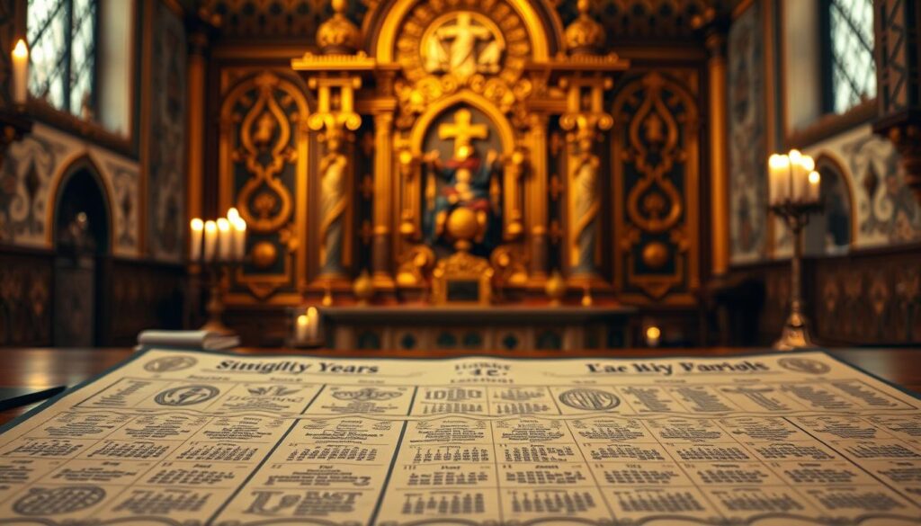 A meticulously detailed liturgical year calendar, illuminated with warm, muted tones. In the foreground, a parchment-like surface displays the intricate patterns and symbols of the church calendar, each season highlighted with reverence. The middle ground features ornate, gilded accents and ornamental flourishes, evoking the grandeur of ecclesiastical tradition. In the background, a soft, hazy glow emanates, creating an atmosphere of contemplation and spiritual reflection. The overall composition strikes a balance between the historical significance and the timeless elegance of the Catholic liturgical year.
