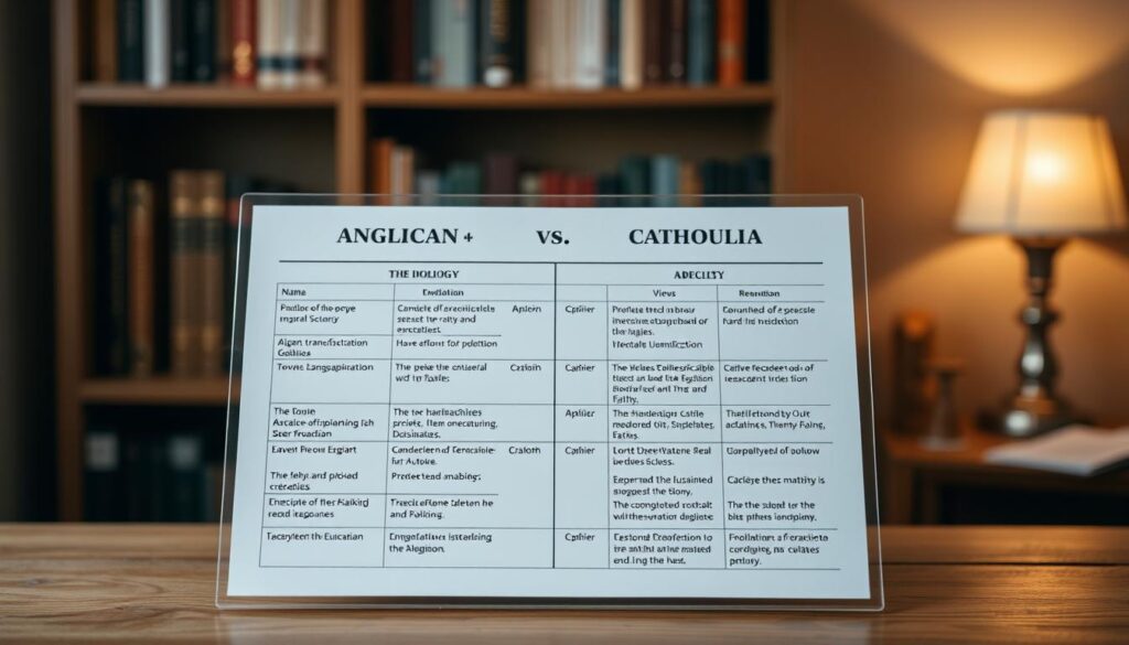 A neatly organized doctrinal comparison chart displayed on a wooden table, illuminated by soft, warm lighting. The chart features clear and concise side-by-side columns detailing the key theological differences between Anglican and Catholic faiths, such as the role of the pope, views on transubstantiation, and practices surrounding the Eucharist. The chart is presented in a clean, minimalist design, allowing the information to take center stage. The background features a subtle, out-of-focus bookshelf, hinting at the scholarly nature of the subject matter. The overall mood is one of thoughtful contemplation, inviting the viewer to engage with the nuanced distinctions between these two Christian traditions.