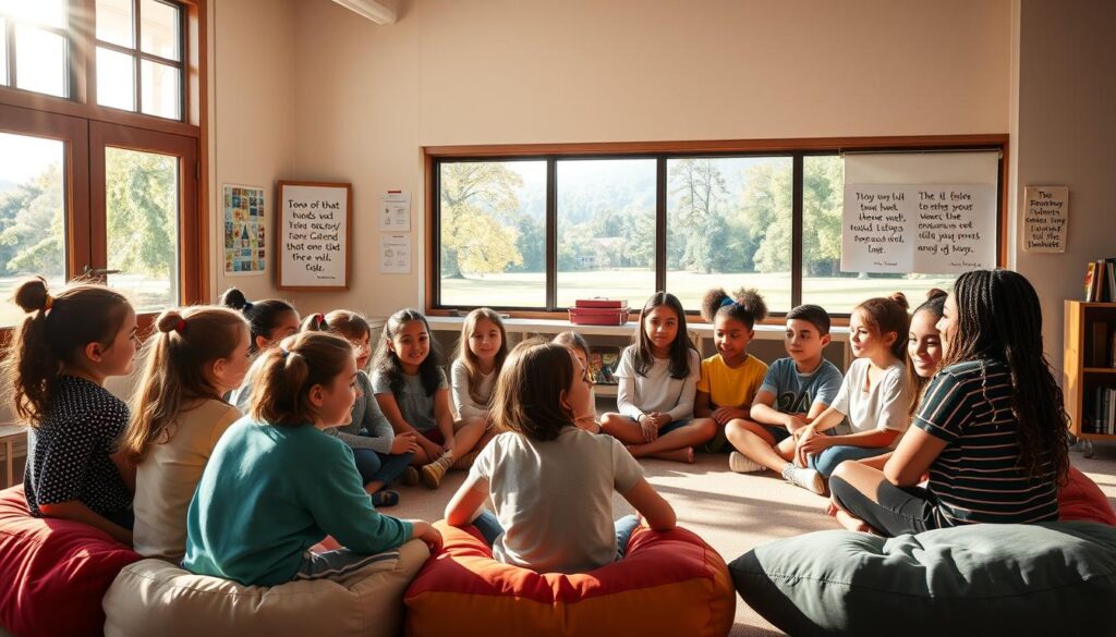 A peaceful classroom scene, sunlight streaming through large windows, casting a warm glow. In the foreground, a group of diverse students, ages 8-12, gathered in a circle, their faces radiating kindness and compassion as they practice active listening and conflict resolution. Seated on plush, colorful cushions, they engage in thoughtful discussion, guided by a gentle, caring teacher. In the middle ground, student artwork and inspirational quotes adorn the walls, reflecting the school's emphasis on Catholic values and social-emotional learning. The background features a serene, park-like setting visible through the windows, reinforcing the sense of tranquility and harmony. The overall mood is one of harmony, understanding, and the power of community to nurture the beatitudes.