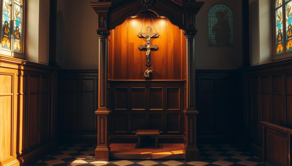 A peaceful confessional booth in a traditional Catholic church, warm lighting casting a soft glow on the ornate wooden structure. The interior is quiet and serene, with a prie-dieu kneeler and a hanging crucifix creating a contemplative atmosphere. Stained glass windows filter the daylight, casting colorful patterns on the floor. The scene evokes a sense of solace and spiritual introspection, inviting the viewer to reflect on the sacrament of reconciliation.
