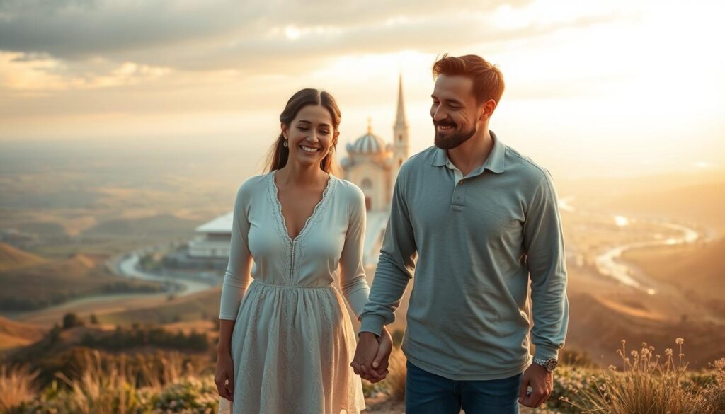A peaceful, ethereal scene of an eternal family structure. In the foreground, a loving family stands hand-in-hand, their faces radiant with joy and unity. Soft, diffused lighting illuminates their features, creating a sense of timelessness. The middle ground showcases a grand, ornate temple or church, its intricate architecture and stained-glass windows reflecting the importance of faith and tradition. In the background, a serene, heavenly landscape unfolds, with rolling hills, gently flowing rivers, and a warm, golden sky that evokes a sense of transcendence and the promise of life everlasting.