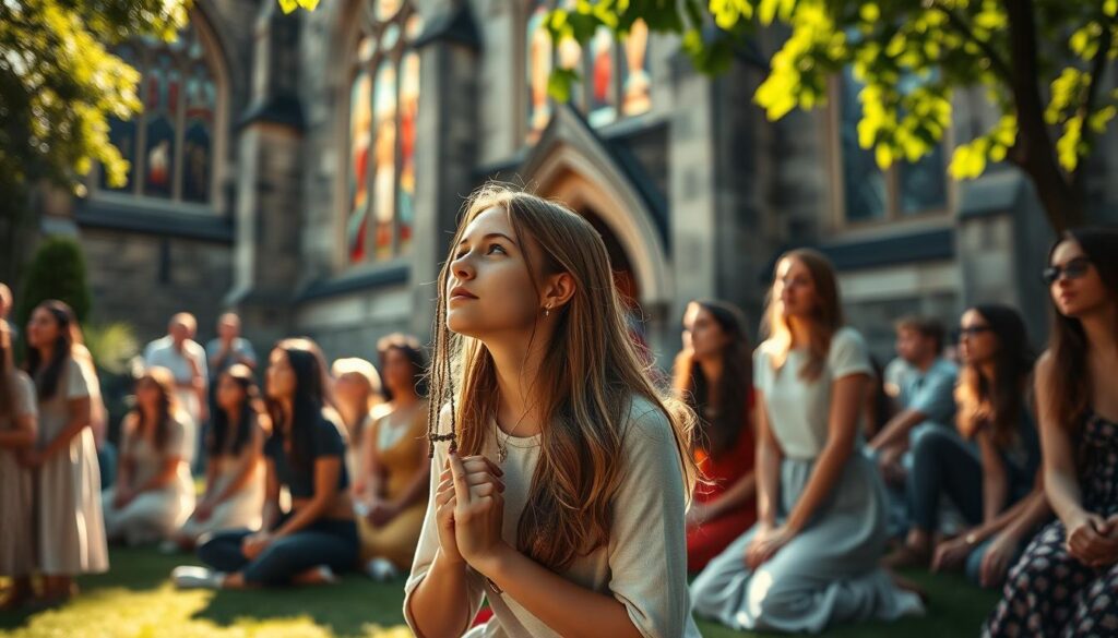 A peaceful, sun-dappled churchyard, with a group of young Catholics gathered in contemplation. Soft light filters through the stained-glass windows, casting a warm glow on their faces as they sit in quiet reflection, their expressions serene and introspective. In the foreground, a young woman kneels, rosary beads in hand, her gaze uplifted, while her peers stand or sit nearby, each lost in their own spiritual journey. The backdrop is a majestic stone church, its Gothic architecture a testament to the enduring faith that binds this community. The scene evokes a sense of reverence, tradition, and the quiet power of shared belief.