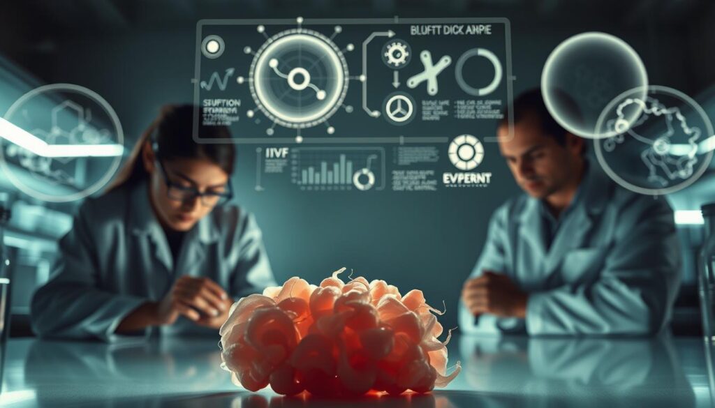 A pensive scientific examination of the ethical concerns surrounding human embryos. In the foreground, a team of researchers meticulously studying a cluster of delicate embryonic cells, their expressions solemn and thoughtful. In the middle ground, a series of holographic diagrams and data visualizations hovering above the lab bench, illuminating the complexities of the IVF process. The background is dimly lit, casting an air of gravity and contemplation, as if the weight of the moral implications hangs heavy in the laboratory air. Soft, directional lighting accentuates the reverence and care with which the scientists approach their task. A sense of profound responsibility and the need to navigate ethical waters with utmost caution permeates the scene.