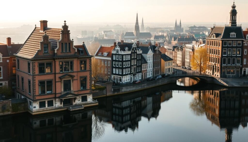 A picturesque canal house nestled in the heart of Amsterdam, its classic Dutch architecture mirrored in the tranquil waters. The foreground features the intricate façade, with ornate gables, arched windows, and a weathered, brick exterior. In the middle ground, the surrounding urban landscape unfolds, showcasing the vibrant mix of historic buildings and modern elements. The background is dominated by a hazy, atmospheric cityscape, with the spires of historic churches and the distant skyline creating a sense of depth and context. Warm, golden sunlight filters through the scene, casting a soft, inviting glow and accentuating the textures and details. The overall mood is one of serene, timeless elegance, capturing the essence of Amsterdam's rich cultural heritage.