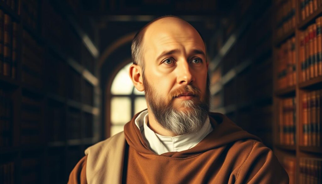 A portrait of the 13th-century theologian Thomas Aquinas, wearing a brown robe and white surplice, gazing thoughtfully with a pensive expression. Warm lighting illuminates his face, casting gentle shadows that accentuate his features. The background is a dimly lit library, with rows of leather-bound books lining the shelves, creating a scholarly, contemplative atmosphere. The composition is carefully balanced, with Aquinas positioned slightly off-center, drawing the viewer's attention to his contemplative gaze and the intellectual depth he represents.
